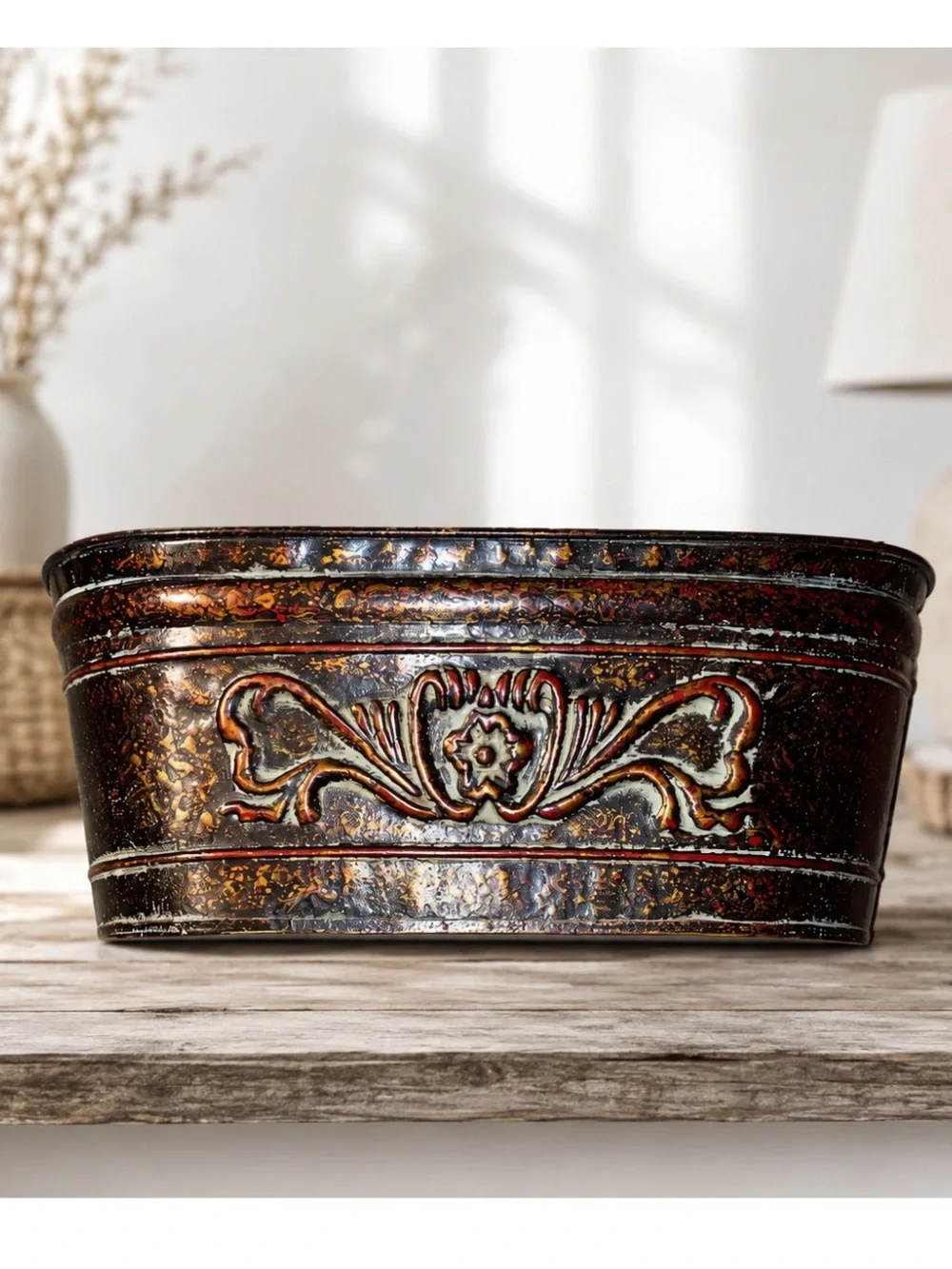 Vintage-Style Embossed Metal Storage Basket